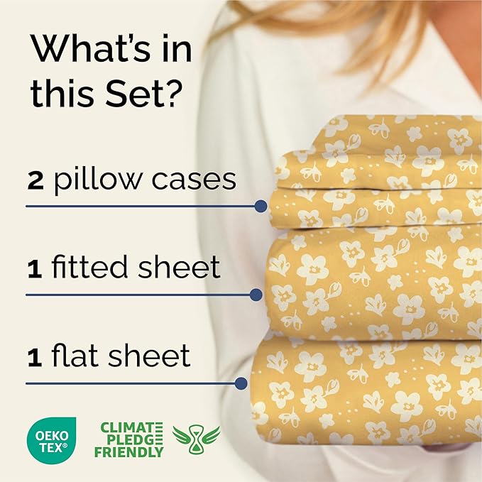 Floral Sheets - Yellow Floral Bed Sheet Set - 1 Flat, 1 Fitted & 2 Pillowcases w/ Deep Pockets - Comfy, Wrinkle & Fade Free - Boho Botanical Bedding - Ultra-Soft, Breathable & Cooling - Queen Size Set