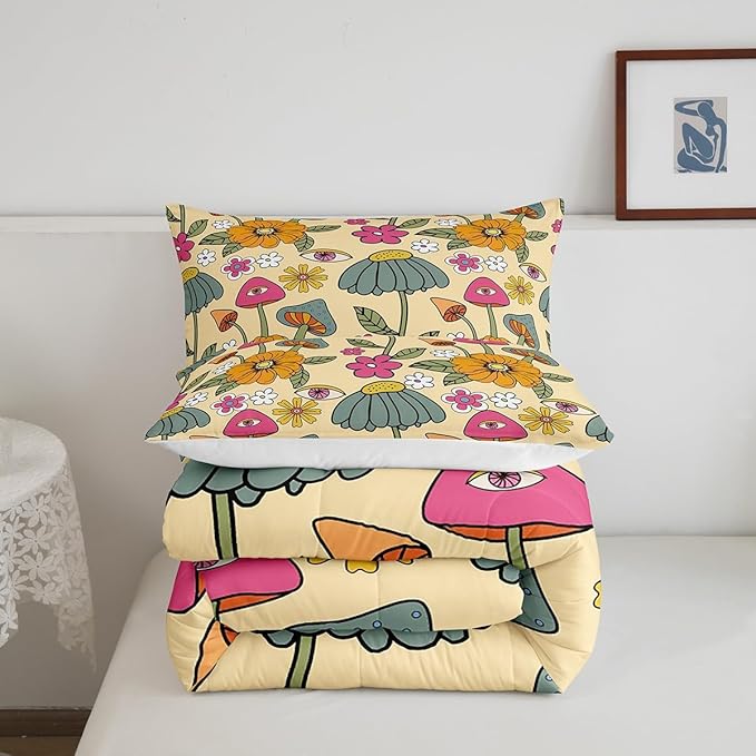 Castle Fairy 70s Retro Floral Bedding Comforters King Size,Hippie Flowers Leaves Comforter Set for Children Xmas Gift,Cartoon Eyes Mushroom Quilt Set Bedroom Decor, 2 Pillowcases