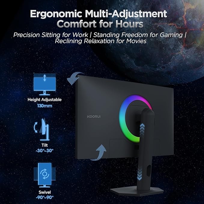 KOORUI 27" 4K QD-Mini LED Gaming Monitor - Dual-Mode (UHD 160Hz or FHD 320Hz), 1ms, 99% Adobe RGB, HDR1400, 90W USB-C, HDMI 2.1/DP1.4, VESA, Tilt Height Swivel Vertical Adjustment, Black, S2741LM