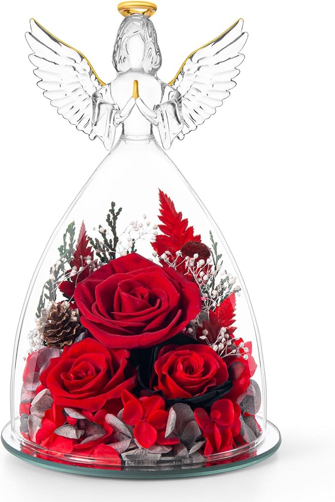 Christmas Roses Gifts for Mom,Preserved Real Flowers Roses in Glass Angel Figurines, for Grandma Women Mom Wife Mother in Law/Red