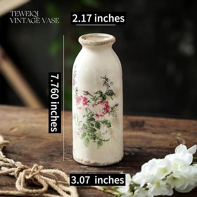 Ceramic Rustic Farmhouse Vase, Distressed Floral Pattern, Holds Water, With Handle, 7.8 inches