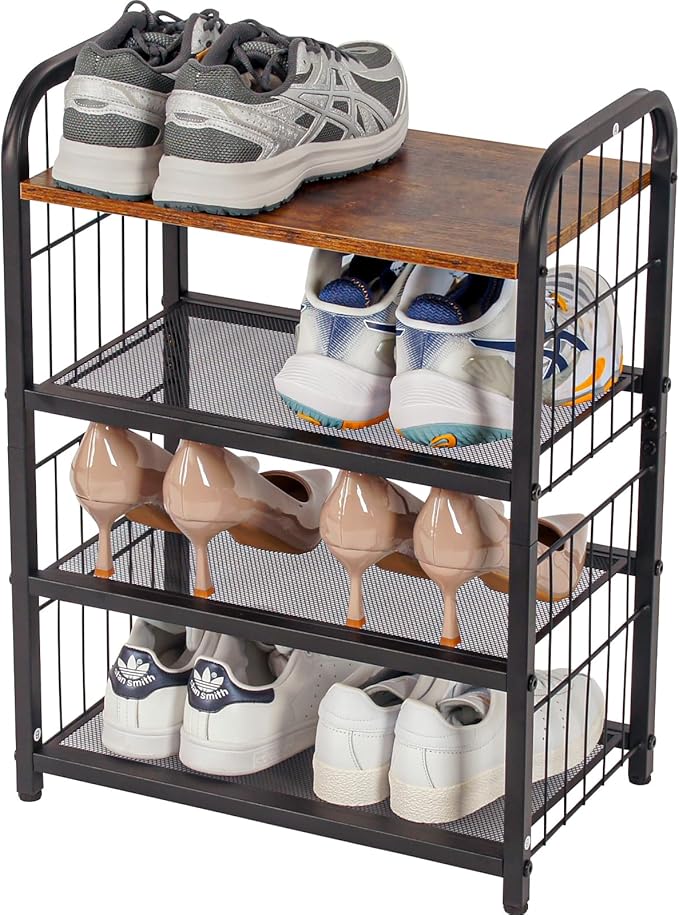 BWOORACKU Shoe Rack, 4-Tier Shoe Organizer with Guardrails, Heavy-Duty Metal Mesh Shelves & Rustic Wooden Top for Stylish Closet & Front Door Storage