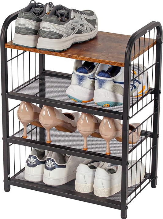 BWOORACKU Shoe Rack, 4-Tier Shoe Organizer with Guardrails, Heavy-Duty Metal Mesh Shelves & Rustic Wooden Top for Stylish Closet & Front Door Storage