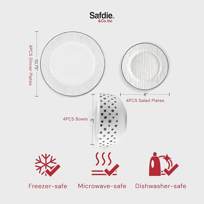 Safdie & Co. 12-Piece Black & White Sketch Dinnerware Set, Porcelain, Includes Plates, Bowls, and Serving Dishes, Dishwasher Safe