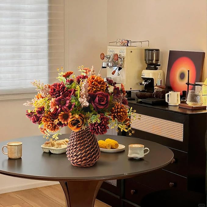 Artificial Faux Flowers in Vase, Fake Silk Floral Arrangements Rose Bouquets with Handmade Rattan Vase, Farmhouse Table Decorations Centerpieces for Dinning Room Kitchen Office Desktop (Brown)