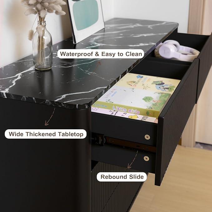 Fluted 6 Drawers Dresser for Bedroom,52" Wide Handleless Chest of Drawers with Faux Marble Top, Wooden Dresser TV Stand, Wood Drawer Organizer for Living Room, Hallway, Black