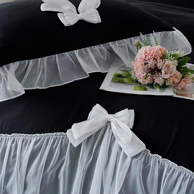 Girls Lace Bedding,Queen Comforter Cover Set, Chic Ruffled Duvet Cover with Lovely Bow,Princess Style 1 Duvet Cover with 2 Pillowcases, No Comforter-Black,Queen Size