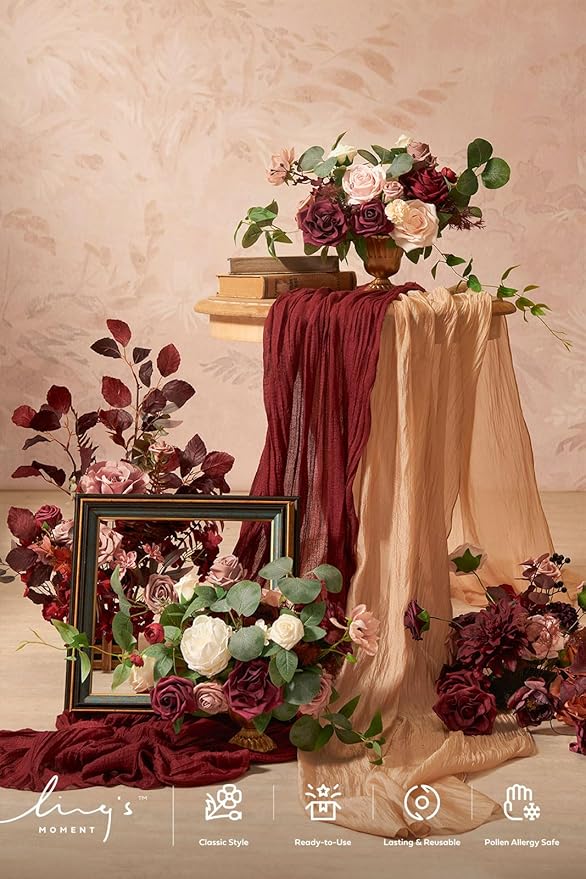 Ling's moment Wedding Centerpiece Flower with Vase for Ceremony/Reception Tabletop Mantel Archway Aisle, Set of 2 | Romantic Marsala