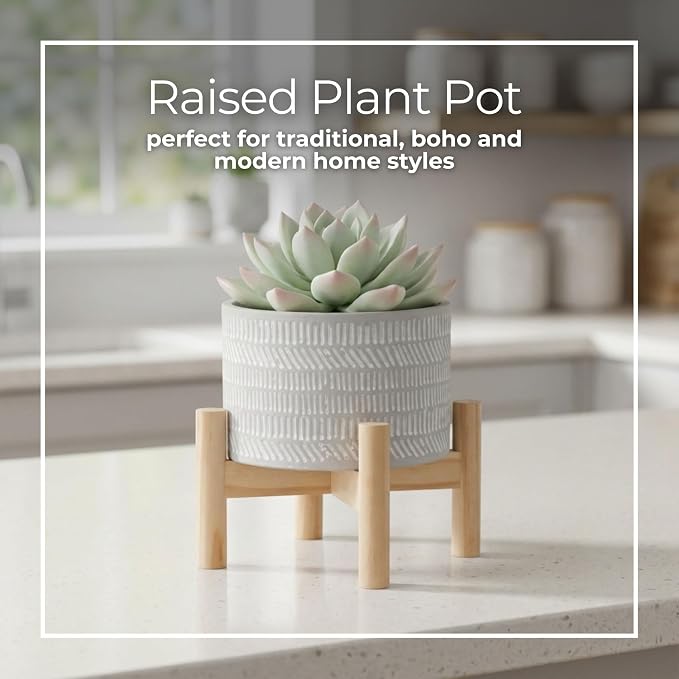 Stoneware Planter With Wood Stand – Plant Stand Indoor For Small Greenery, for Shelf, Table, or Windowsill, Modern Patterned Planter With Plant Riser Accent Home Decor – 6", Ivory Tan