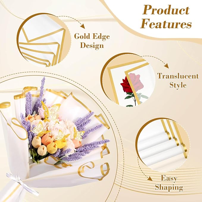 cridoz 20 Sheets Flower Bouquet Wrapping Paper with 12 Pieces Gold Butterfly Decorations for Flower Bouquets, Waterproof Floral Bouquet Wrapping Paper for Flower, Gift Wrapping(White)