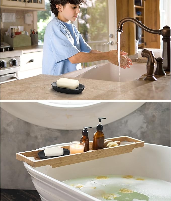 Luxspire Soap Dish 2 Packs, Resin Soap Tray Soap Holder Container Box, Marble Pattern Oval Soap Plate Case, Sponge Dish Scrubbers Tray Holder for Bathroom Vanity Shower Kitchen Sink, Gravel Black