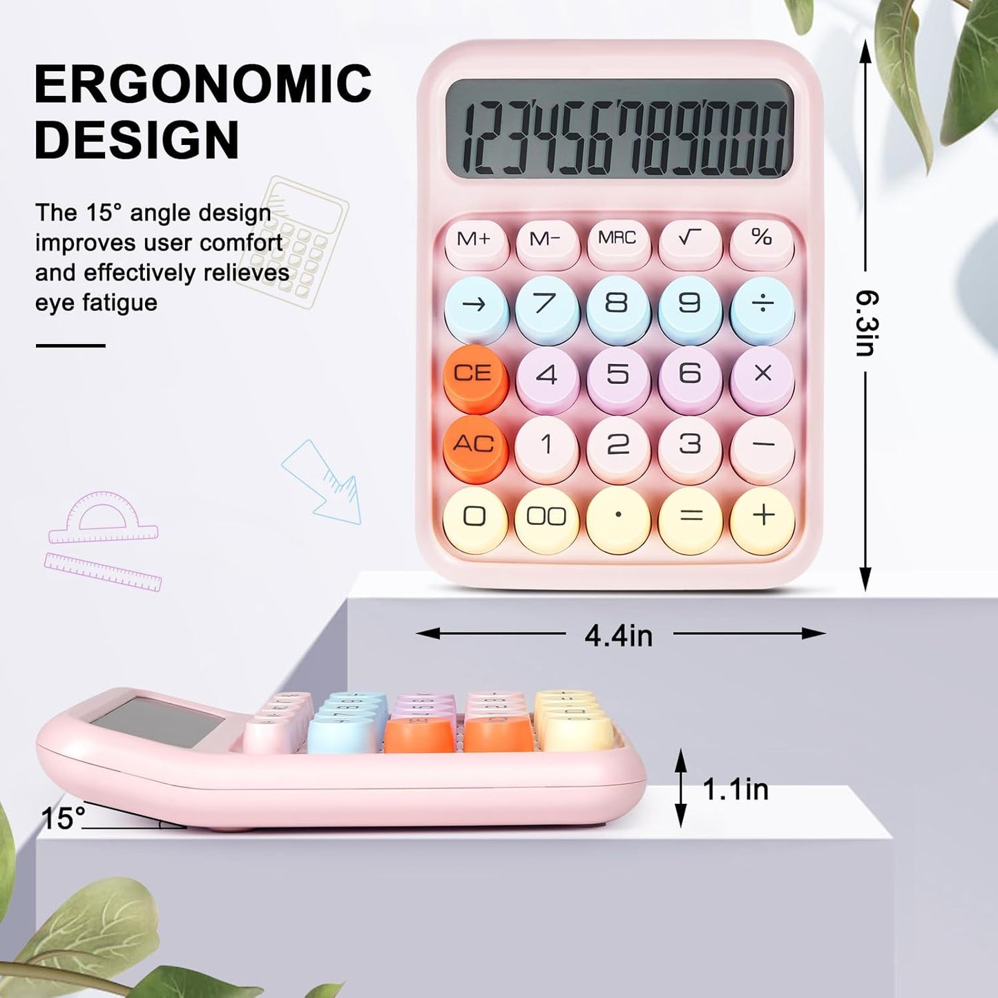 Skiennix Mechanical Switch Calculator - Large LCD Display, 12 Digits, Cute Pink Design for Home & Office