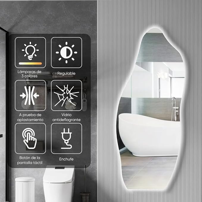 Amorphous LED Mirror with Touch, 3 Light Tones, Adjustable, Explosion-proof Glass, 110 x 50 cm