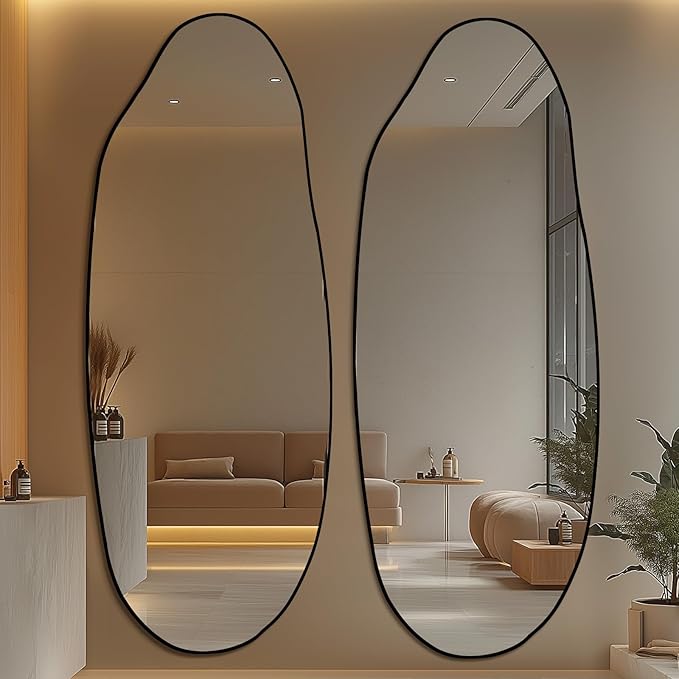 Mirrorons Irregular Wall Mirror 63×24, Black Asymmetrical Bathroom Mirror, Oval Aesthetic Mirror, Full Length Mirrors, Shatterproof Black Bathroom Mirrors