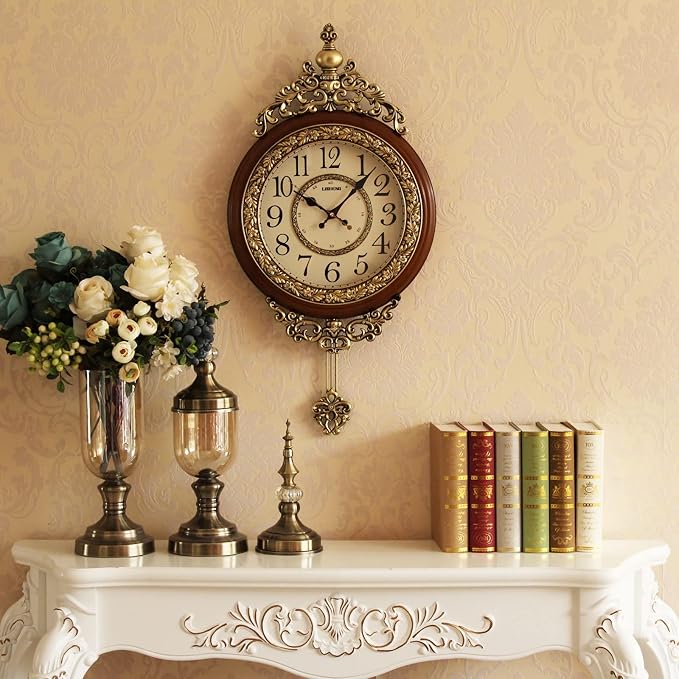 SHISEDECO Elegant, Traditional, Decorative, Hand Painted Modern Grandfather Wall Clock Fancy Ethnic Luxury Handmade Decoration, Swinging Pendulum for New Room or Office. Large. 29.5 Inch. Brown
