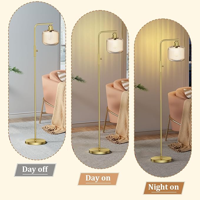 Glass Floor Lamp for Living Room, Modern Standing Lamp with Champagne Gold Ribbed Glass Lampshade, Stepless Dimmable Rotary Switch, 66” Tall Lamp & Gold Floor Lamp for Bedroom Study Room,Brushed Gold