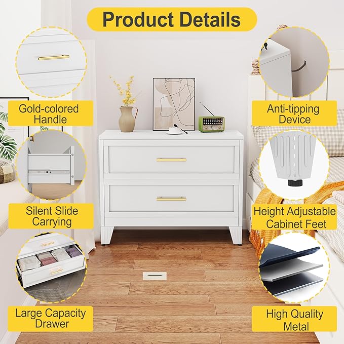 24.8" Tall Metal Dresser for Bedroom, 2 Drawer Nightstand, Side Table, Under Desk Steel Storage Drawer Cabinet, File Drawer for Home Office,Living Room, Entryway, Hallway