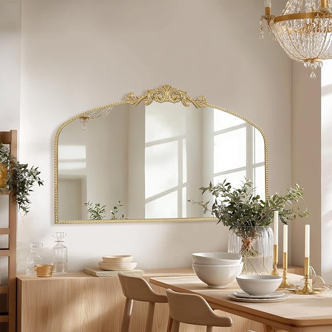 Vintage Gold Arched Mirror 48"X30", Large Victorian Antique Baroque Mantel Wall Mirror with Ornate Metal Frame for Entryway/Fireplace/Living Room/Hallway/Bathroom/Bedroom
