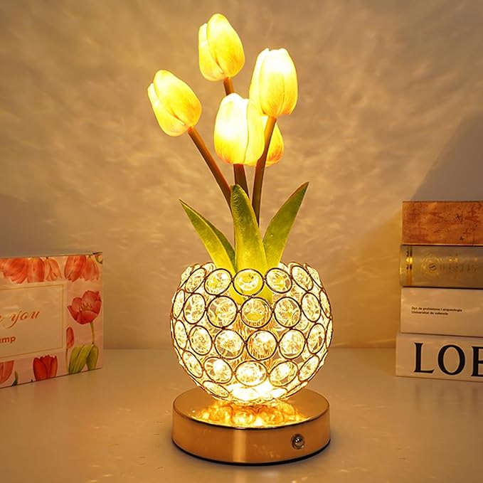 Tulip Flower Lamp,4000mAh Rechargeable Cordless Lamp with 3-Colour Stepless Dimming,Touch Control Cordless Table Lamp Night-Light for Home Decor,Unique Birthday Gifts for Women