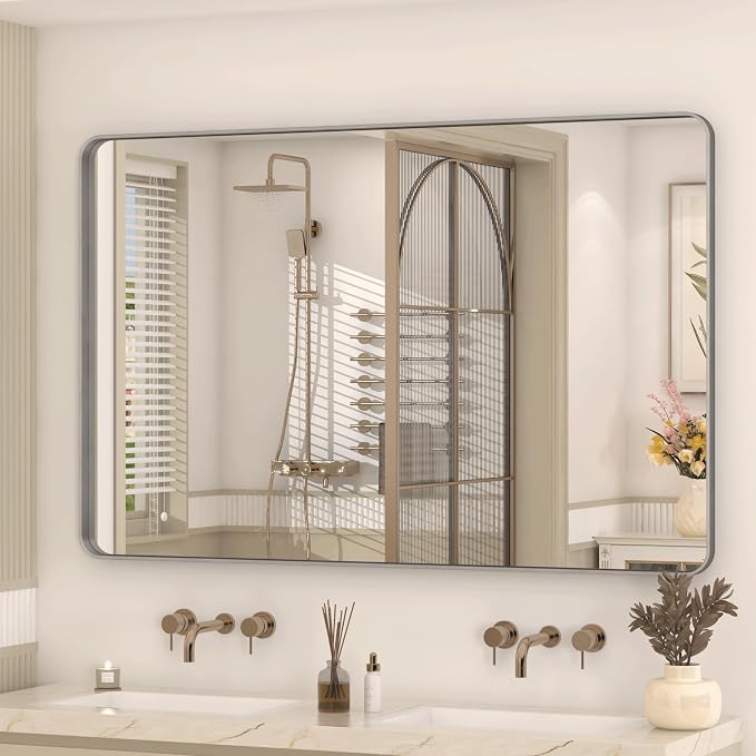 48x30 Silver Brushed Bathroom Mirror for Wall, Brushed Silver Metal Framed Bathroom Vanity Mirror, Rounded Rectangle Mirror, Shatterproof, Anti-Rust (Horizontal/Vertical)