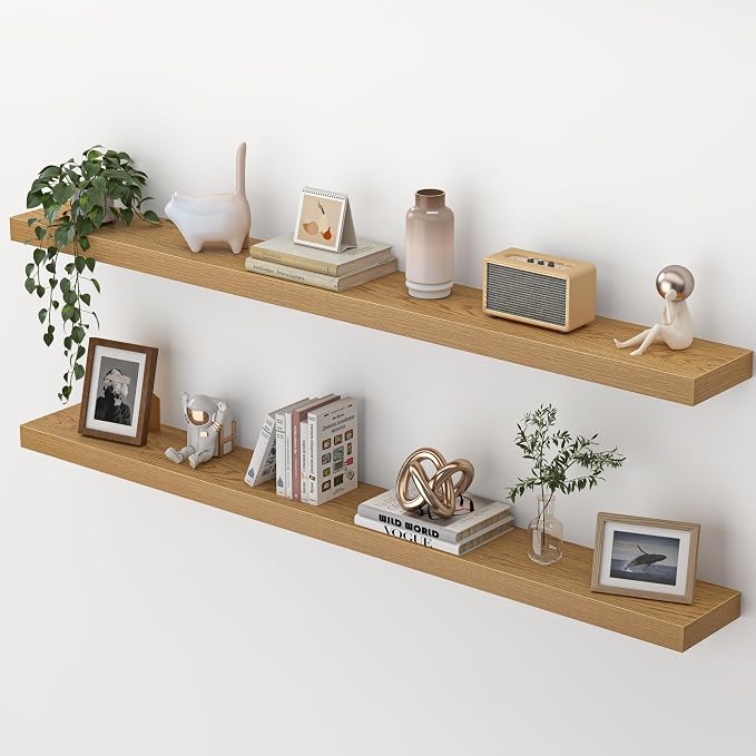 Heimlove 55 Inch Floating Shelves for Wall,Extra Long Mounted Storage wall Shelves with Invisible Metal Bracket for Bedroom Living Room Kitchen Office Set of 2,Oak Color