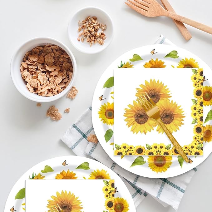 72 Pcs Sunflower Paper Plates and Napkins Party Supplies , Floral Birthday Party Decorations Disposable Party Plates and Napkins Tableware Set for Summer Fall Wedding Baby Shower Serves 24 (Sunflower)