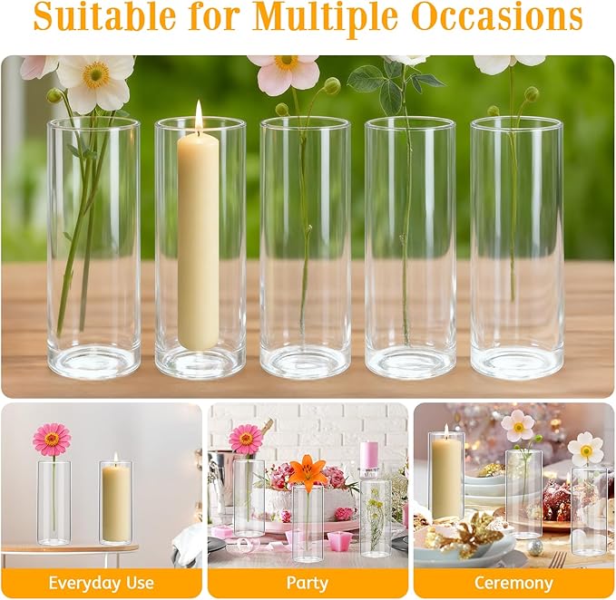 12 Pack 6.5" Tall x 2.4" Diameter Clear Glass Cylinder Vases-Flower Vases for Centerpieces, Hurricane & Floating Candle Holders for Weddings, Parties, Home Decor,Table Displays
