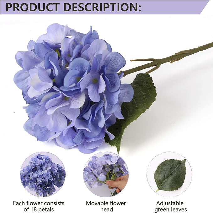 4 Pcs Long Stem Big Size Artificial Hydrangea Flowers for Home Wedding Decor, Party Centerpieces, Office Decoration,Shower (Light Purple)
