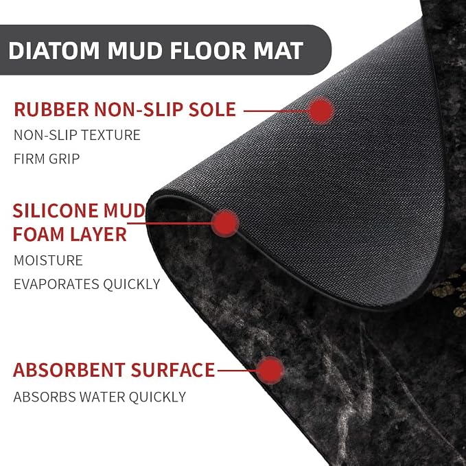 Diatomaceous Earth Bath Mat,Black White Gray Gold Marble Non-Slip Volume Super Absorbent Fast Drying for Bathroom Kitchen Door mat,Eco-Friendly Easy to Clean 20×31Inch (50 * 80cm)