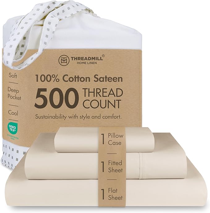 Threadmill - 5 Star Hotel Twin Sheet Set 100% Cotton Sheets, 500 Thread Count, Deep Pocket, Snug Fit, Soft & Crisp Best Bedding Sheets Set 3 Piece Set (Twin, Beige)
