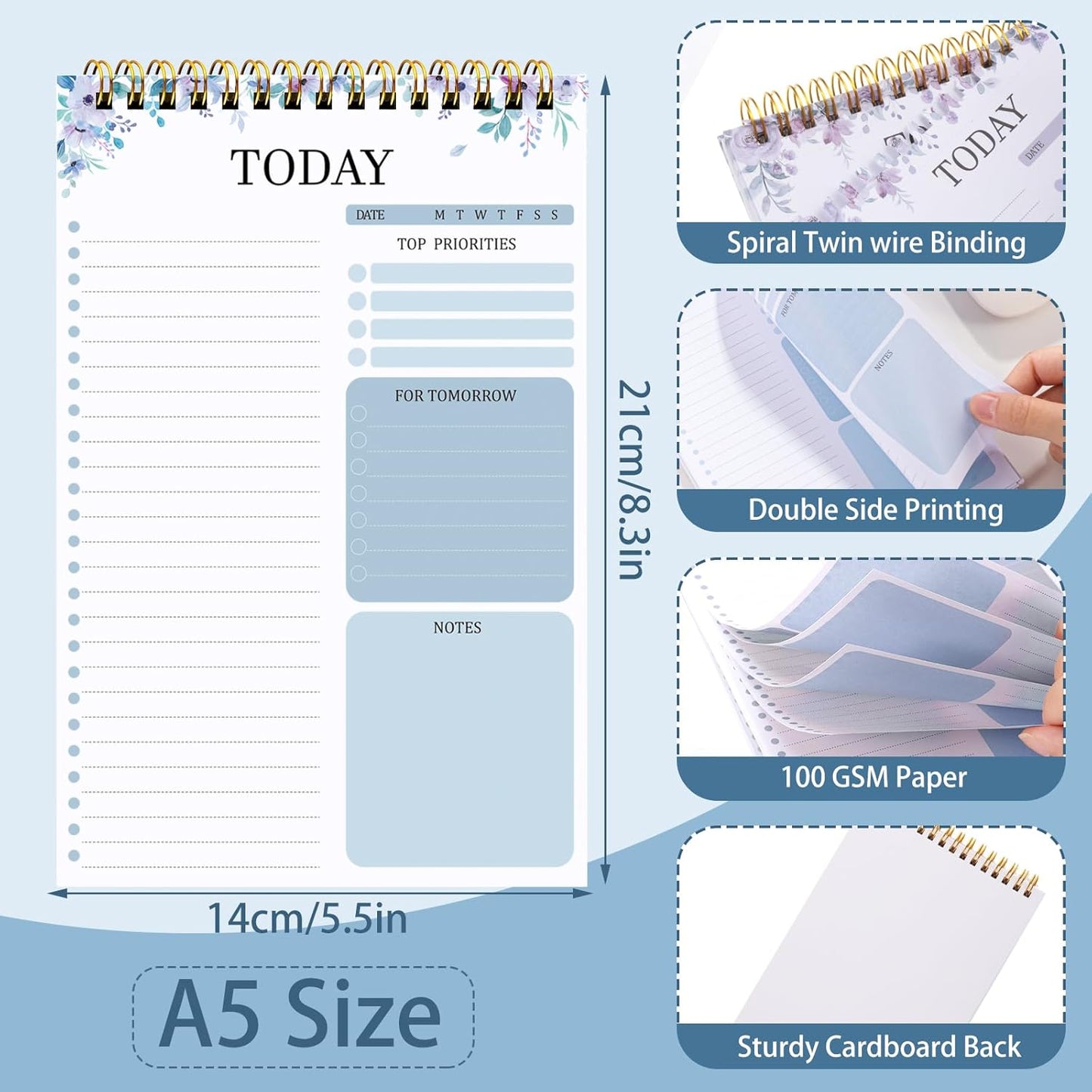 Thboxes To Do List Notepad - 208 Pages A5 Undated Daily Planner with Transparent Cover | Purple & Blue
