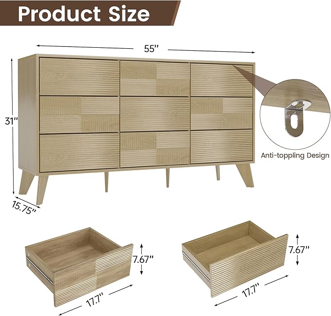 Hadulcet Wooden Dresser for Bedroom, Mid Century Modern 55” Long Fluted 9 Drawers Dresser Storage Clothes for Closet Organizer, Handleless Design, Push to Open, Natural Oak