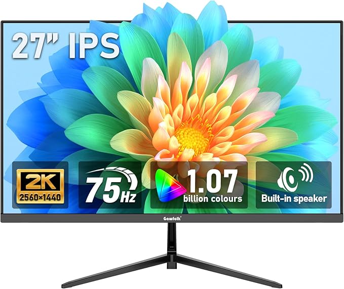 Gawfolk 27 inch IPS 2K QHD (2560×1440) Computer Monitor 75Hz Gaming PC Screen, 1ms，Adaptive Sync,100% sRGB, 1.07 Billion Colours, HDMI2.0、DisplayPort 1.4, Built-in Speaker - Black