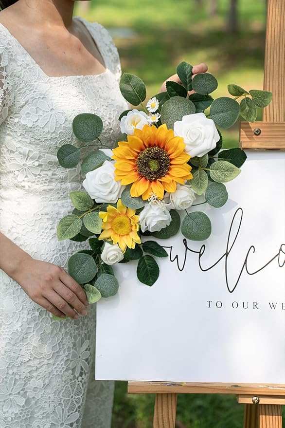 WEIERYUE(Pack of 2 Artificial Flowers Decorations,Artificial Arch Backdrop Garlandfor Ceremony Party Reception Entrance Welcome Easel Door Floral Decor Wall Home Entryway Outdoor(Sunflower)