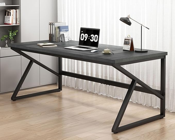 HSH Extra Long Computer Desk, Industrial Metal Wood Home Office Desk, Large PC Laptop Table for 2 Person Executive Writing Work Study Gaming, Bedroom Living Room Dual Monitor Desk, Dark Gray, 70 Inch