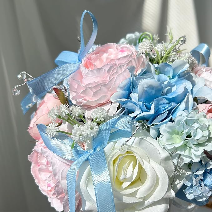 8.6in Wedding Bouquets for Bride Bridesmaid, Baby Blue Blush Pink Creamy White Bouquet with Crystal Pastel Flowers Artificial Fake Silk Roses for Wedding Rainbow Spring Beach Decoration Toss Bouquet