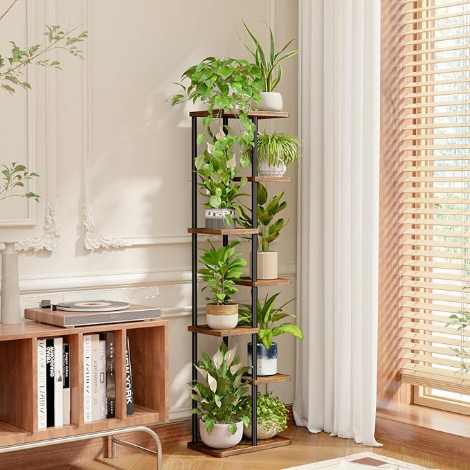 Bamworld Tall Plant Stand Indoor, 7 Tier Plant Shelf for Multiple Plants, Tiered Flower Pot Stands for Patio Garden Balcony Living Room Bedroom, Brown
