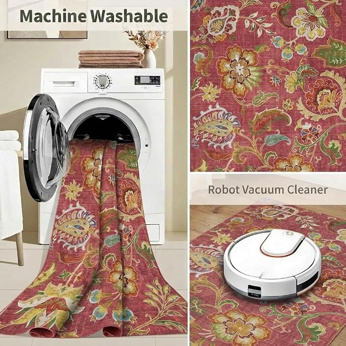 5x7 Area Rug Bohemian Vintage Floral Paisley Rug with Non Slip Backing, Washable Low Pile Burgundy Red Multi-Color Carpet for Bedroom, Living Room, Dining Room, Home Office, Farmhouse