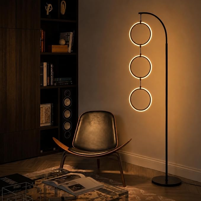Brightech Nova Modern Floor Lamp Matches Living Room Décor - Contemporary Arc Tall Lamp with 3-Circle Ring-Style Pendant - Over The Couch Standing on Arching Pole - Eclectic- Black