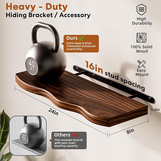 Floating Shelves for Wall 24 Inch Wooden Floating Shelves Live Edge Shelf with Unique Natural Grain Wall Mounted Rustic Pine Wood Shelf for Living Room Bedroom Kitchen Bathroom (Walnut Brown)