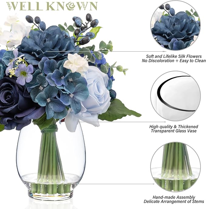 WELL KNOWN Fake Flowers in Vase with Fake Water, Realistic Faux Silk Blue Rose Hydrangea Artificial Flowers Indoor Arrangements Centerpiece for Coffee Table Wedding Party Fall Home Decor (Navy Blue)