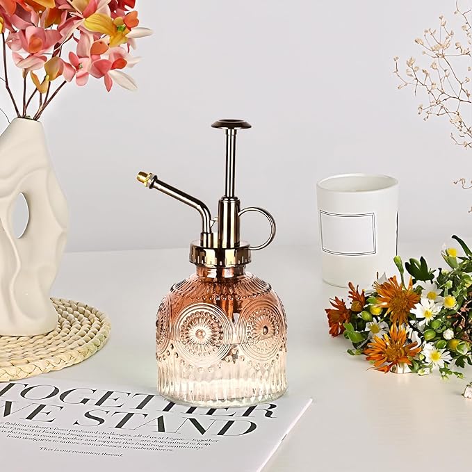 Glass Plant Mister Spray Bottle, 230ML Vintage Plant Spritzer, Succulent Watering Bottle Glass with Top Pump, Small Plants Sprayer Watering Can for Indoor Outdoor House(Gradient Brown)