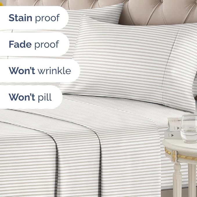 Grey Striped Sheets - 1 Flat & 1 Fitted Sheet & 2 Pillowcases w/ Deep Pockets - Comfy, Cozy, Wrinkle & Fade Resistant - Ultra Soft, Breathable and Cooling - Luxury Pinstripe Bedding - Queen Size