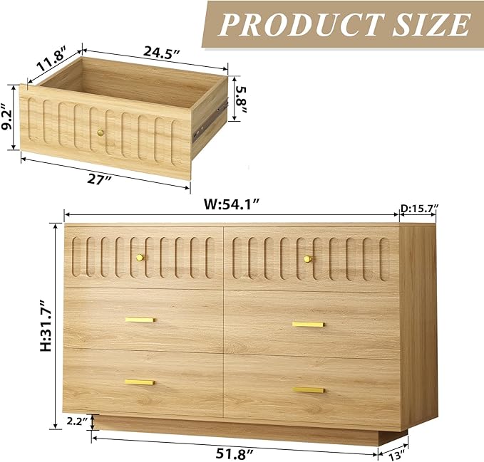 IBF Modern Fluted 6 Drawer Dresser for Bedroom, Fluted 55 Inch Chest of Drawers for Kid Adult Closet, Large Wood Clothes Storage Dresser with Anti-Tipping Device for Living Room Hallway, Oak