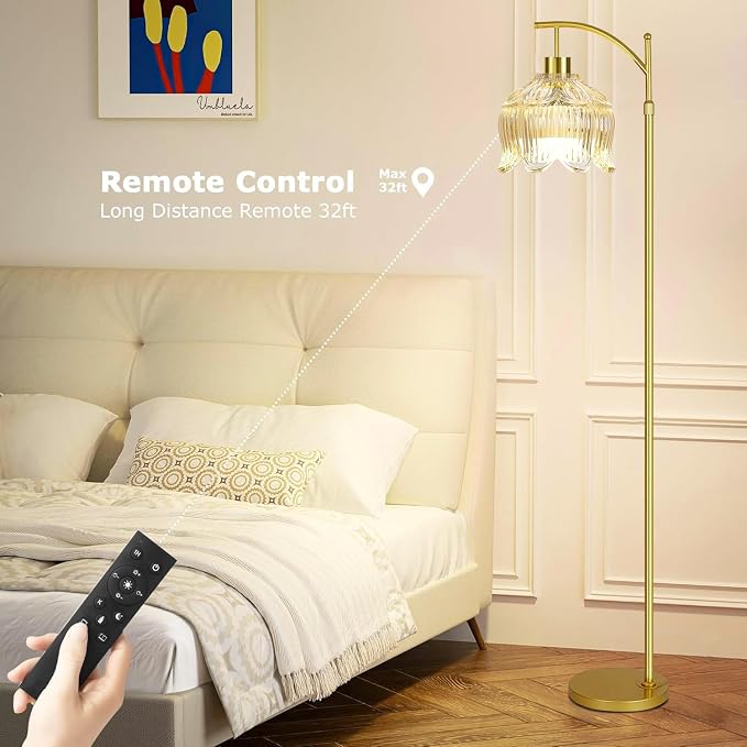QIYIZM Flower Floor Lamp for Living Room,Bedroom,Gold Dimmable Standing Lamp with Remote,Glass Mid Century Modern Brass Tall Lamp Boho Floor Lamps Arc Stained Floor Light Lamp Bohemian