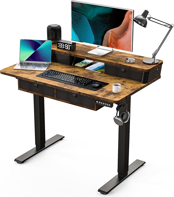 Electric Standing Desk with 4 Drawers 40''x 24'' Small Adjustable Height Sit to Stand Up Desk with Storage Shelf, C-Clamp Mount Compatible Black Home Office Desks Computer Desk Ergonomic Workstation