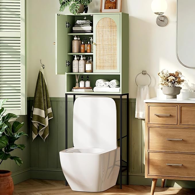 VINGLI Over The Toilet Storage Cabinet, Sage Green Bathroom Organizer Over Toilet with Arched Rattan Doors, Freestanding Space Saver Rack with Adjustable Shelf for Restroom Laundry, Modern Boho