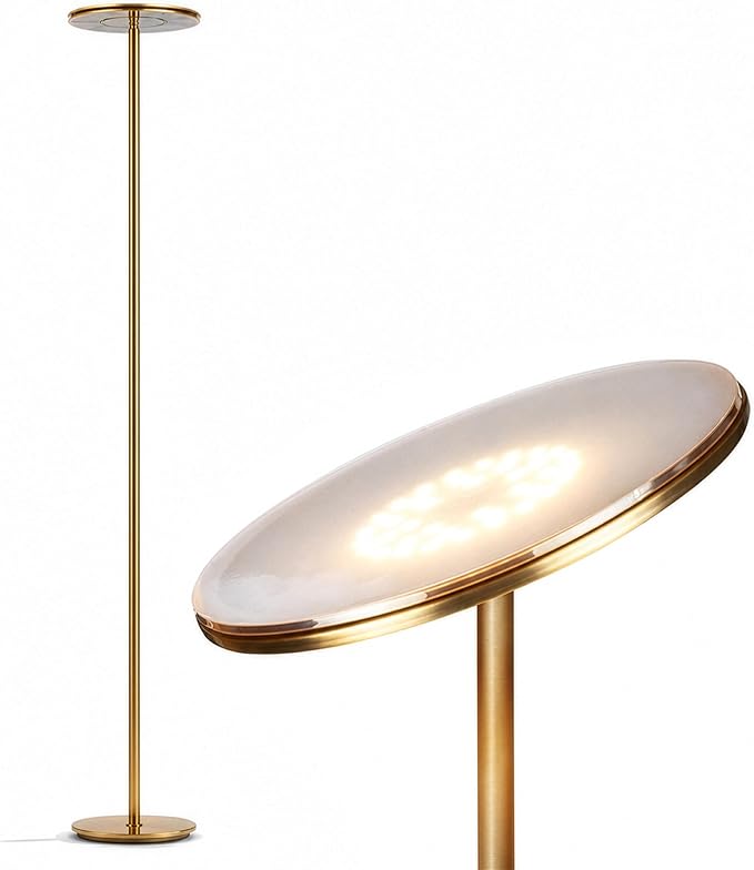 Brightech Sky LED Floor lamp, Torchiere Super Bright Floor Lamp for Living Room Decor & Office - Dimmable, Tall Standing Torch Lamp with Warm Light for Bedroom & Reading - Gold Brass