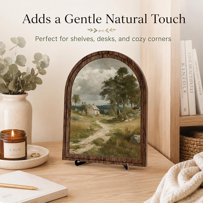 Tabletop Wood Decor Rustic Landscape Sign, Arched Wooden Frame Farmhouse Artwork for Shelf or Desk Display, Vintage Countryside Pictures for Living Room Bathroom Table or Wall Decor