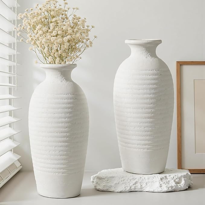 Rustic Ceramic Tall Vase 14.4” Large Handmade Flower Vases for Farmhouse Decor Living Room Shelf Styling Waterproof Off-White Pottery Jar for Pampas Grass Wedding or Housewarming Gift